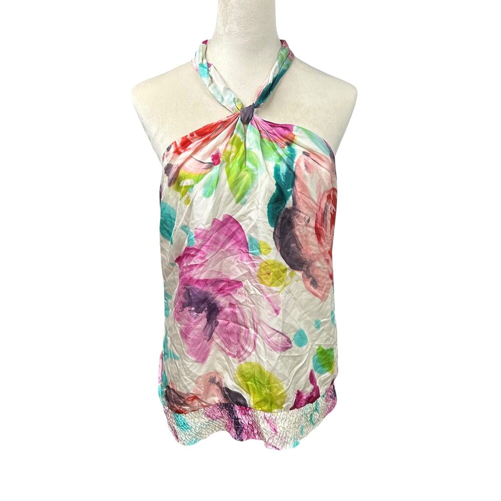 Silk Floral Halter Top Medium Watercolor Print Resort Chic Summer Indie Vacation